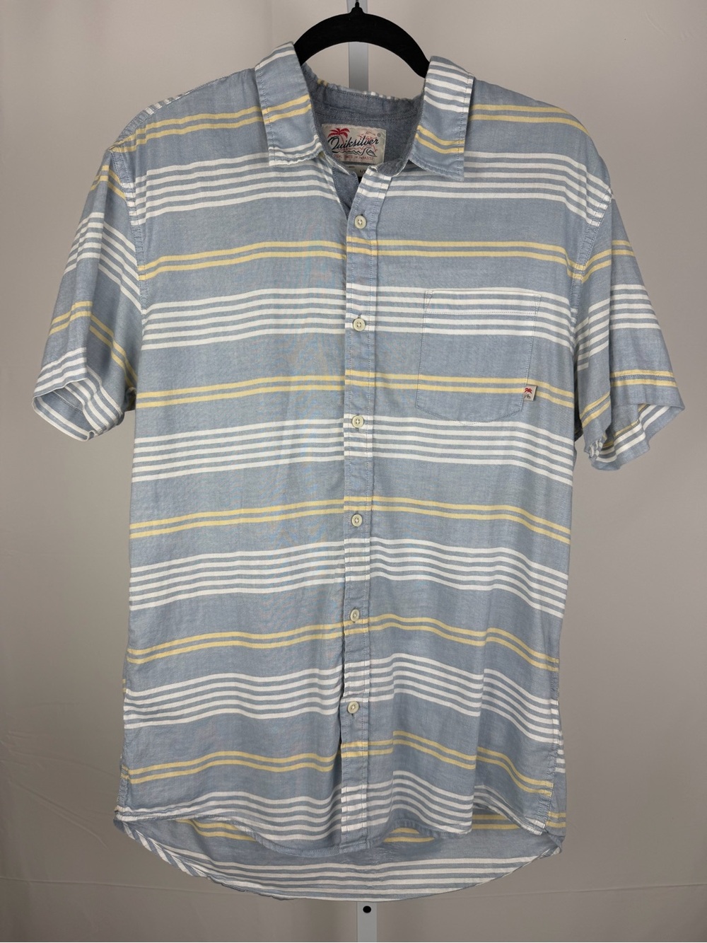 Quiksilver Modern Fit Shirt L Blue Yellow Striped Short Sleeve Surf Button Down